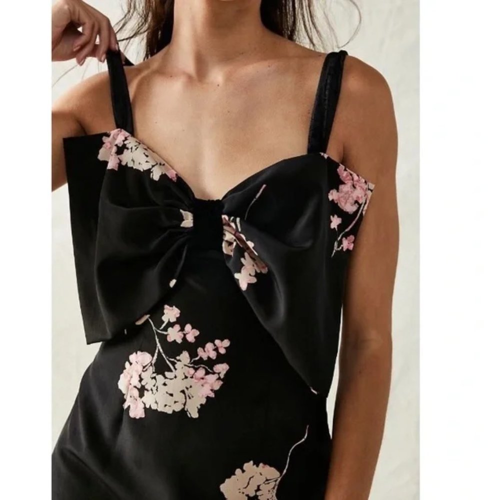 NEW Free People Tie A Bow Mini Dress Black Combo Floral Velvet Smocked - Picture 3 of 7